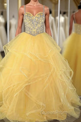 Yellow sweetheart tulle sequin long Evening Prom Dresses, yellow evening Dresses