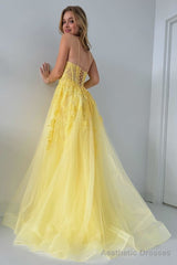Yellow Tulle Appliques Lace-Up A-Line Long Prom Dress