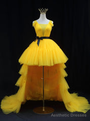 Yellow Tulle  Pleats Prom Dress