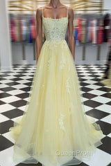 Yellow tulle lace long Evening Prom Dresses yellow lace formal Dresses
