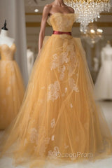 Yellow tulle lace long Evening Prom Dresses, yellow tulle formal Dresses