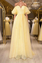 Yellow tulle off shoulder long Evening Prom Dresses yellow formal Dresses