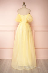 Yellow tulle off shoulder long Evening Prom Dresses yellow formal Dresses