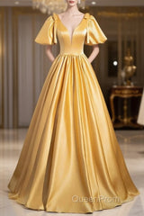 Yellow V-Neck Satin Long Evening Prom Dresses, Yellow A-Line Short Sleeve Evening Dresses