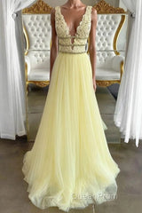 Yellow v neck tulle lace long Evening Prom Dresses, yellow tulle lace evening Dresses