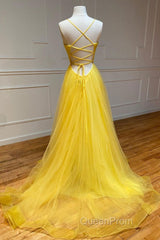 Yellow v neck tulle long Evening Prom Dresses yellow formal Dresses