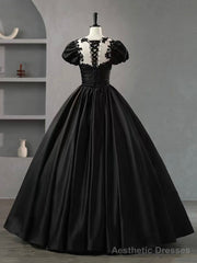 Black Scoop Neckline Satin Lace Long Prom Dress, A-Line Short Sleeve Party Dress