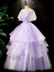 Fairy Purple Floral Floor Length Prom Dress, Beautiful V-Neck Party Birthday Dress