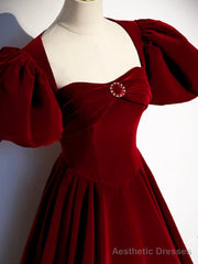 Burgundy Velvet Floor Length Prom Dress, Beautiful Open Back Evening Dress with Pearls