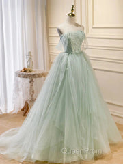 Zoom Light Green Tulle Beaded Sweetheart Long Evening Prom Dresses, A-Line Green Formal Dresses