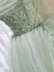 Zoom Light Green Tulle Beaded Sweetheart Long Evening Prom Dresses, A-Line Green Formal Dresses