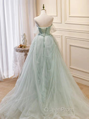 Zoom Light Green Tulle Beaded Sweetheart Long Evening Prom Dresses, A-Line Green Formal Dresses
